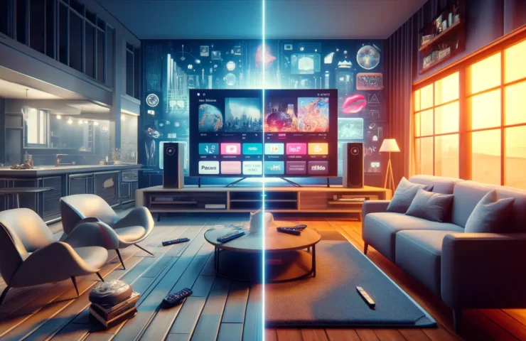 DALL·E 2024-04-01 01.11.26 - Create an image that visually compares IPTV and traditional cable TV in a split-screen format. On the left side, depict a modern, streamlined IPTV set