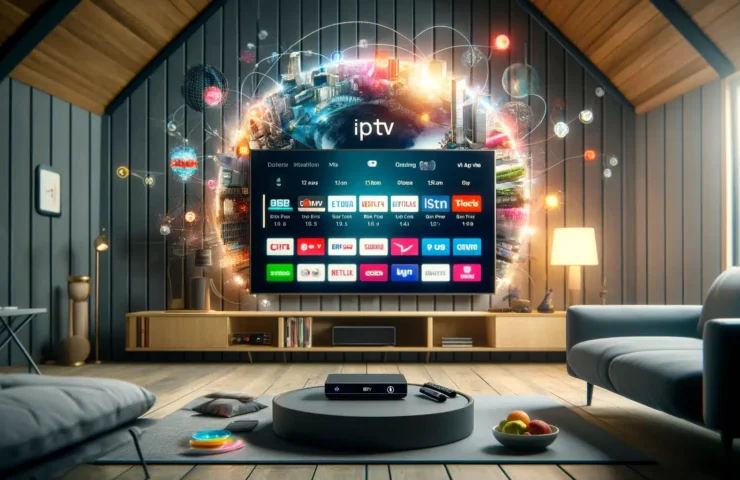 DALL·E 2024-04-01 01.42.10 - Create a widescreen image that visualizes the concept of IPTV as a futuristic and flexible television service in Germany. The image should depict a mo