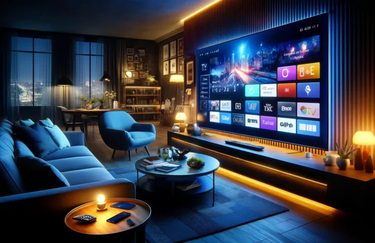 DALL·E 2024-04-02 21.52.31 - Imagine a modern living room in the evening, with a large flat-screen TV displaying a vibrant, high-definition image showcasing the versatility of IPT